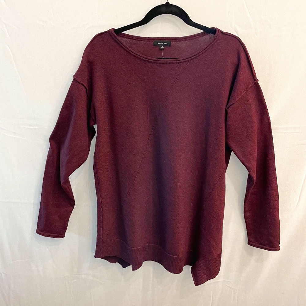 VERVE AMI Women's Large Plum Asymmetrical Hem Long Sleeve Tunic Sweater NEW